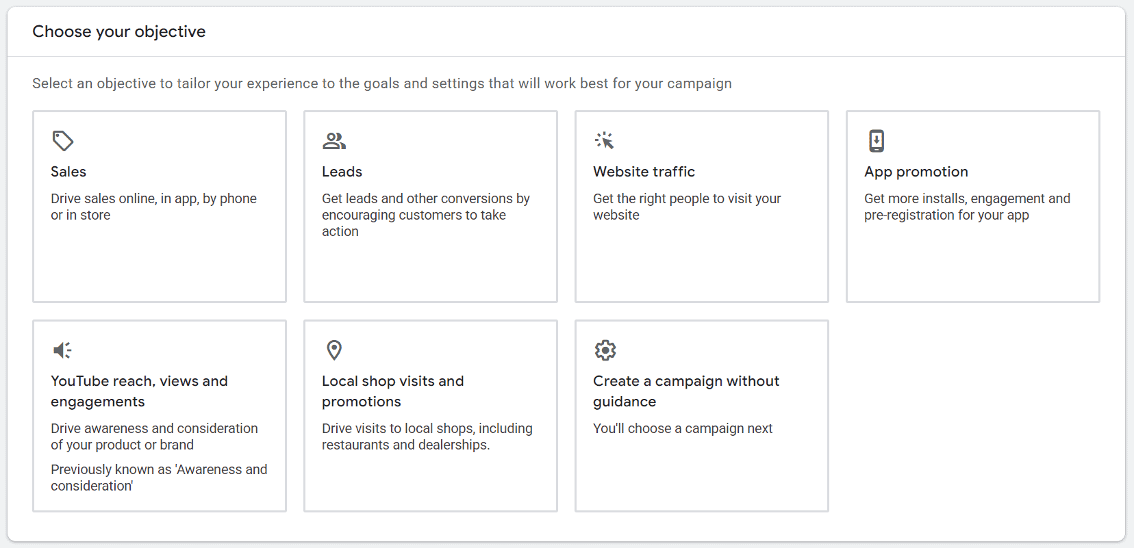 The Google Ads 'Choose your objective' screen, showing seven options: Sales, Leads, Website traffic, App promotion, YouTube reach views and engagements, Local shop visits and promotions, and Create a campaign without guidance.