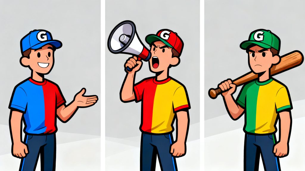 Three cartoon panels showing the same figure in Google colours: first holding out an open hand, then shouting through a megaphone, then resting a baseball bat on his shoulder.